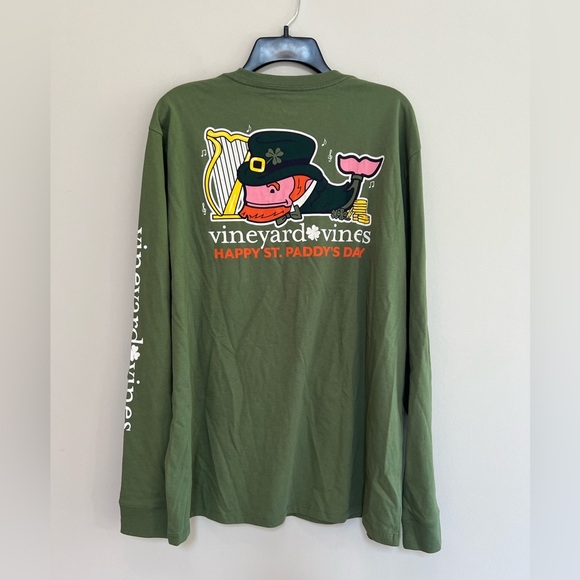 NWT Vineyard Vines Harp Leprechaun Whale Green Long-Sleeve Pocket Tee, size L - Picture 1 of 7